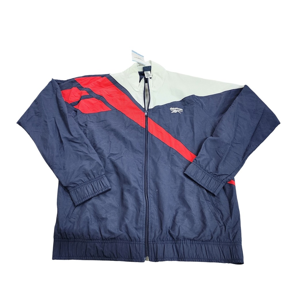 Reebok Track Jacket Mens Large Navy Blue White Colorblock Full Zip Athletic